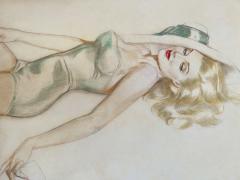 Alberto Vargas Seductive Platinum Blond Hair and Blue Eyed Pin Up in Turquoise Hat - 3262229