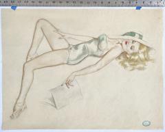 Alberto Vargas Seductive Platinum Blond Hair and Blue Eyed Pin Up in Turquoise Hat - 3262231