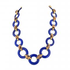 Aldo Cipullo ALDO CIPULLO 18K YELLOW GOLD LAPIS LAZULI DISCS AND SQUARE TIGERS EYE NECKLACE - 3430318