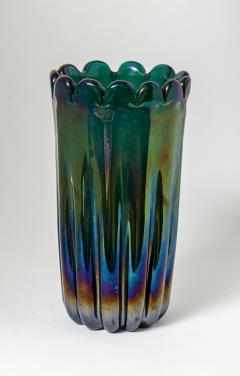 Alfredo Barbini Vintage Italian Blown Iridescent Green Scalloped Vase Attrb To Alfredo Barbini - 4334128
