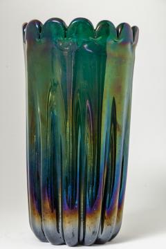 Alfredo Barbini Vintage Italian Blown Iridescent Green Scalloped Vase Attrb To Alfredo Barbini - 4334163