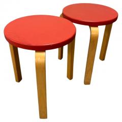 Alvar Aalto A Pair of Alvar Aalto Stools Model 60 Red Pegamoid Upholstery Artek 1950s - 3943952