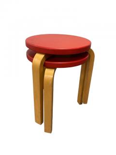 Alvar Aalto A Pair of Alvar Aalto Stools Model 60 Red Pegamoid Upholstery Artek 1950s - 3943954