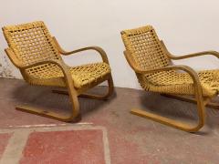 Alvar Aalto Alvar Alto for Artclair rarest pair of curved wood rope lounge chair - 2066829