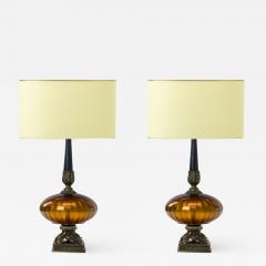 Amber irised glass urn shaped pair of awesome lamp with oxidized bronze accent - 874385