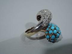 American 14K Gold Crossover Cocktail Ring with Diamonds and Turquoise - 3748737