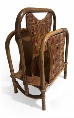 American Art Deco bamboo magazine rack with red and natural wicker panels - 4673640