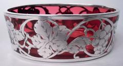 American Art Nouveau Cranberry Bowl with Grapevine Silver Overlay - 4032824