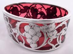 American Art Nouveau Cranberry Bowl with Grapevine Silver Overlay - 4032827