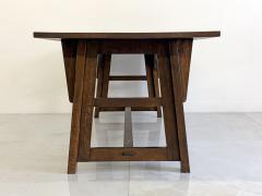 American Arts and Crafts Solid Oak Trestle Dining Table 1960s - 4789414