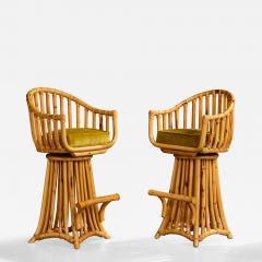 American Designer Counter Stools with Bamboo Rattan and Velvet USA 1970s - 4807813