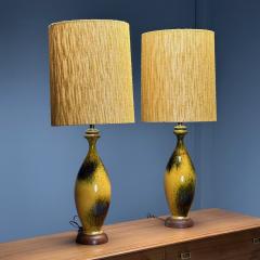 American Mid Century Modern Large Table Lamps Glazed Ceramic Yellow Fabric - 3813668