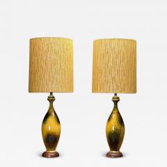 American Mid Century Modern Large Table Lamps Glazed Ceramic Yellow Fabric - 3818020