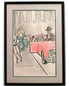 American Mid Century black framed caricature watercolor of lady on seat in car - 4670839