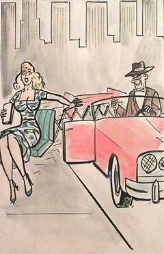 American Mid Century black framed caricature watercolor of lady on seat in car - 4710628