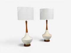American Modern Large Table Lamps Porcelain Walnut Brass USA 1950s - 4693679