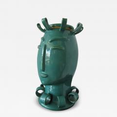 American Modern Turquoise Glazed Ceramic Covered Vessel of a Stylized Lady Tozai - 4230602