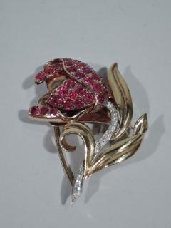 American Retro Ruby and Diamond 14K Gold Flower Brooch - 3748811