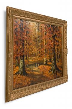 American Victorian Landscape Painting Of Autumn Trees Near A Lake - 4654084