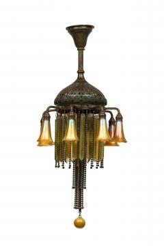 American Victorian Tiffany 8 Quezal Light Green Patinated Bronze Chandelier - 4625969