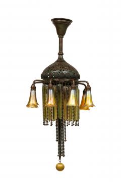 American Victorian Tiffany 8 Quezal Light Green Patinated Bronze Chandelier - 4625971