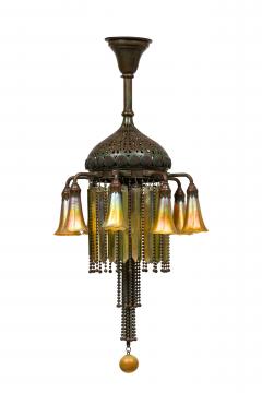 American Victorian Tiffany 8 Quezal Light Green Patinated Bronze Chandelier - 4625973