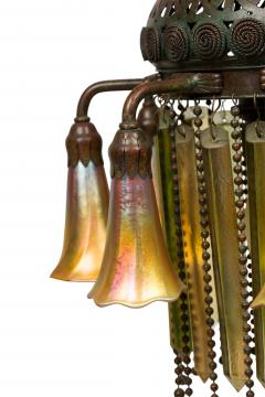 American Victorian Tiffany 8 Quezal Light Green Patinated Bronze Chandelier - 4625976