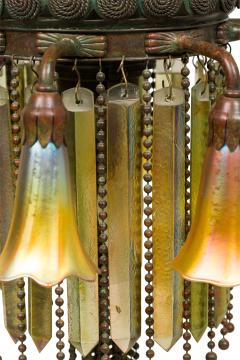 American Victorian Tiffany 8 Quezal Light Green Patinated Bronze Chandelier - 4625977