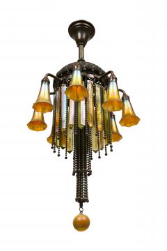 American Victorian Tiffany 8 Quezal Light Green Patinated Bronze Chandelier - 4625979