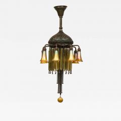 American Victorian Tiffany 8 Quezal Light Green Patinated Bronze Chandelier - 4627905