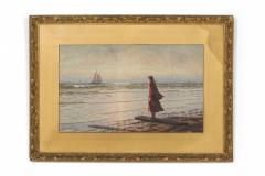 American Victorian Watercolor Of Girl In Red Dress - 3176685
