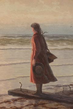 American Victorian Watercolor Of Girl In Red Dress - 3176689