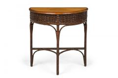 American Victorian Wicker and Oak Topped Demilune 3 Legged Console Table - 4170755