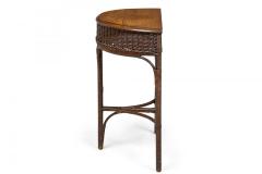 American Victorian Wicker and Oak Topped Demilune 3 Legged Console Table - 4170756
