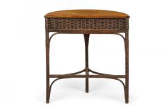 American Victorian Wicker and Oak Topped Demilune 3 Legged Console Table - 4170758