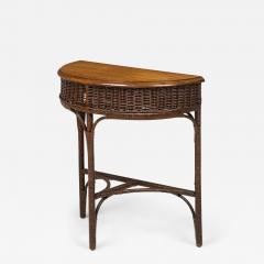 American Victorian Wicker and Oak Topped Demilune 3 Legged Console Table - 4193728