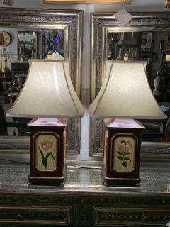 American Wooden Table Lamp with Floral Decoration a Pair - 1553556