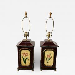 American Wooden Table Lamp with Floral Decoration a Pair - 1563163