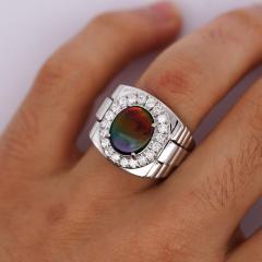 Ammolite Diamond Halo in 14K White Gold Mens Statement Ring - 3957707