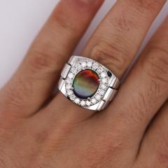 Ammolite Diamond Halo in 14K White Gold Mens Statement Ring - 3957708