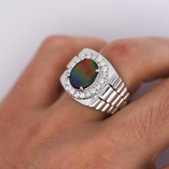 Ammolite Diamond Halo in 14K White Gold Mens Statement Ring - 3957709