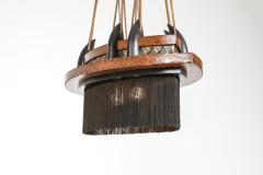 Amsterdam School Chandelier in Ebony Carved Wood Glass in Lead and Silk - 1918396