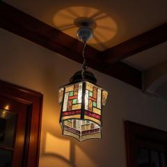 Amsterdam School Hexagonal Leaded Glass Chandelier Holland circa 1925 - 4217164