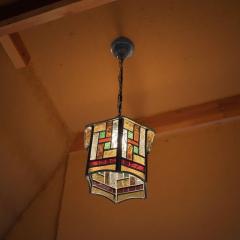 Amsterdam School Hexagonal Leaded Glass Chandelier Holland circa 1925 - 4217168
