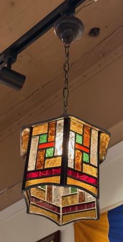 Amsterdam School Hexagonal Leaded Glass Chandelier Holland circa 1925 - 4217171