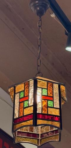 Amsterdam School Hexagonal Leaded Glass Chandelier Holland circa 1925 - 4217172
