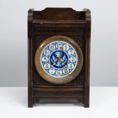 An Anglo Japanese Carved Oak Mantel Clock with Hand Painted Blue Floral Dial - 4189006