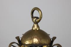 An Arts Crafts Hammered Brass Lantern with Opaque Ribbed Glass Liner - 4192789