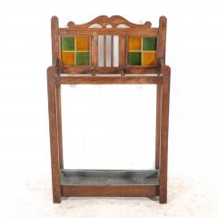 An Arts Crafts Oak Umbrella Stick Stand with Original Green Mustard Tiles - 4192818