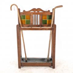 An Arts Crafts Oak Umbrella Stick Stand with Original Green Mustard Tiles - 4192820